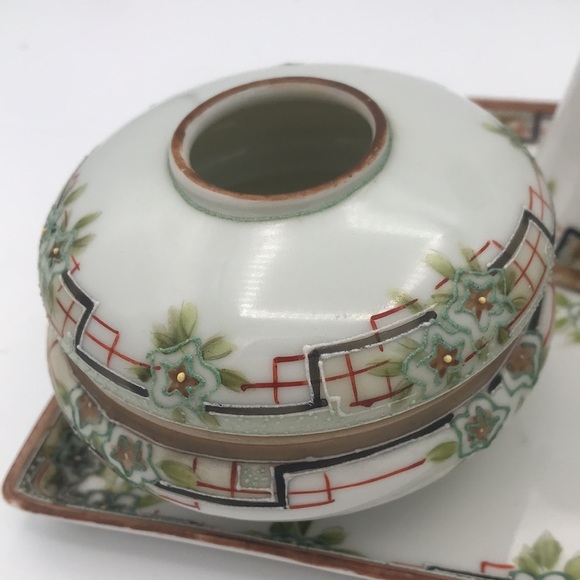 Antique Nippon 4-Pc Dresser/Vanity Set Tray, Vase/Hat Pin, Hair Receiver, Powder - Picture 2 of 11